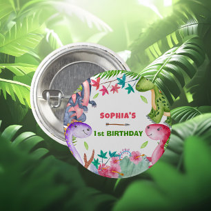 Cute Girl Dinosaur 1st Birthday Party 3 Cm Round Badge
