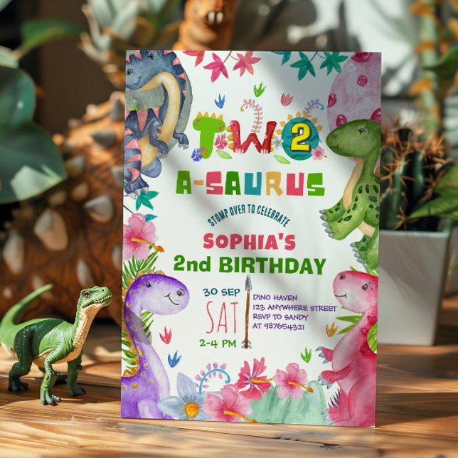Cute Girl Dinosaur 2nd Birthday Invitation (Creator Uploaded)