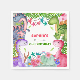 Cute Girl Dinosaur 2nd Birthday Party Napkin