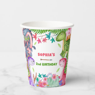 Cute Girl Dinosaur 2nd Birthday Party Paper Cups