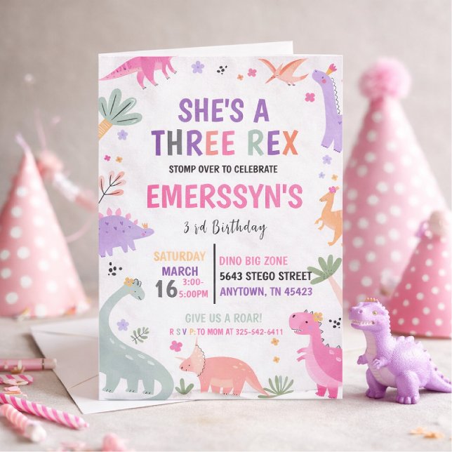 Cute Girl Dinosaur 3rd Birthday Invitation (Creator Uploaded)