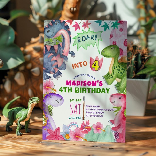 Cute Girl Dinosaur 4th Birthday Invitation (Creator Uploaded)