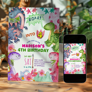 Cute Girl Dinosaur 4th Birthday Invitation