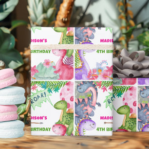 Cute Girl Dinosaur 4th Birthday Party Wrapping Paper