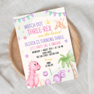 Cute Girl Dinosaur Birthday Party Invitation