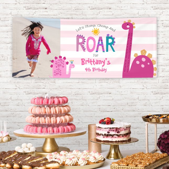 Cute Girl Dinosaur Stomp Chomp Roar Photo Birthday Banner (Creator Uploaded)