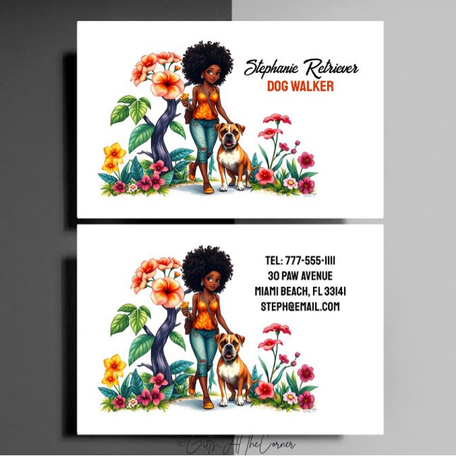 Cute Girl Dog Walker Pet Sitter Floral Business Card (Creator Uploaded)