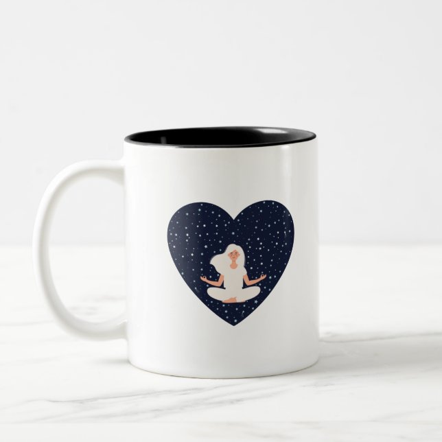 Cute Girl Doing Yoga and Meditation In Peace Two-Tone Coffee Mug (Left)