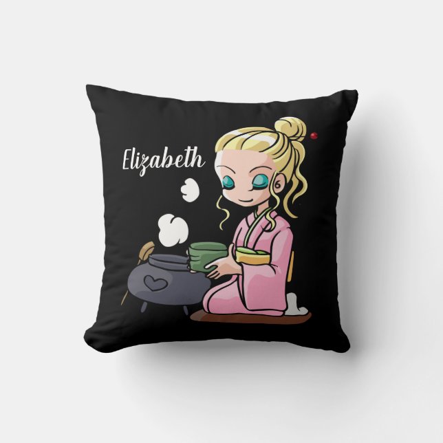 Cute Girl Drinking Tea Personalised Cushion (Front)