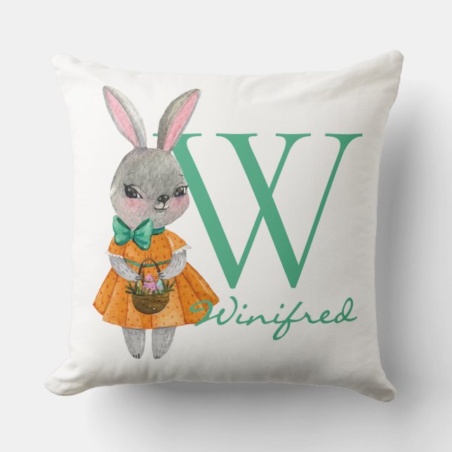 Cute Girl Easter Bunny Initial & Name Throw Pillow (Front)