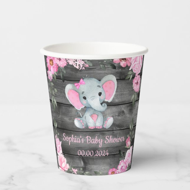 Cute Girl Elephant Floral Baby Shower Paper cups (Front)