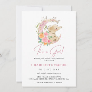 Cute Girl Elephant Floral Moon Baby Shower Invitation