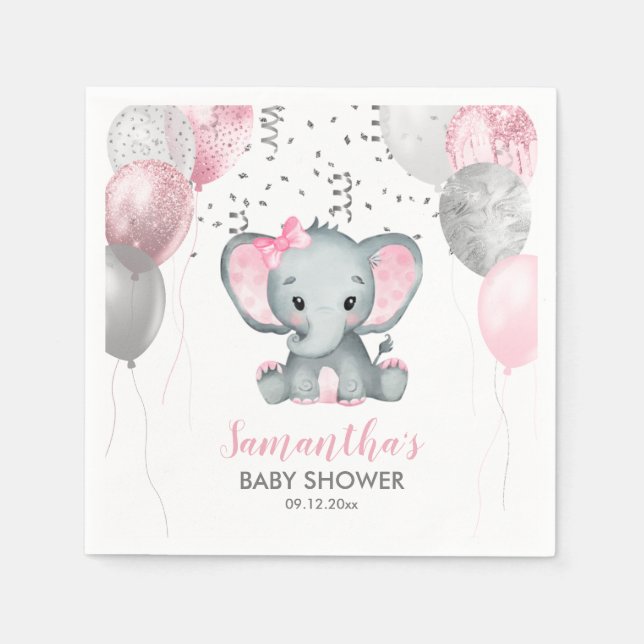 Cute Girl Elephant Pink Balloons Baby Shower Napkin (Front)