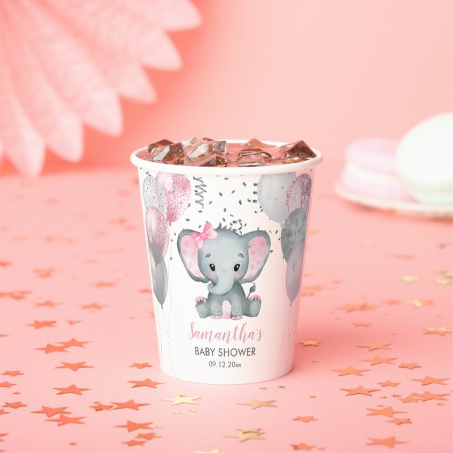Cute Girl Elephant Pink Balloons Baby Shower Paper Cups (Insitu)