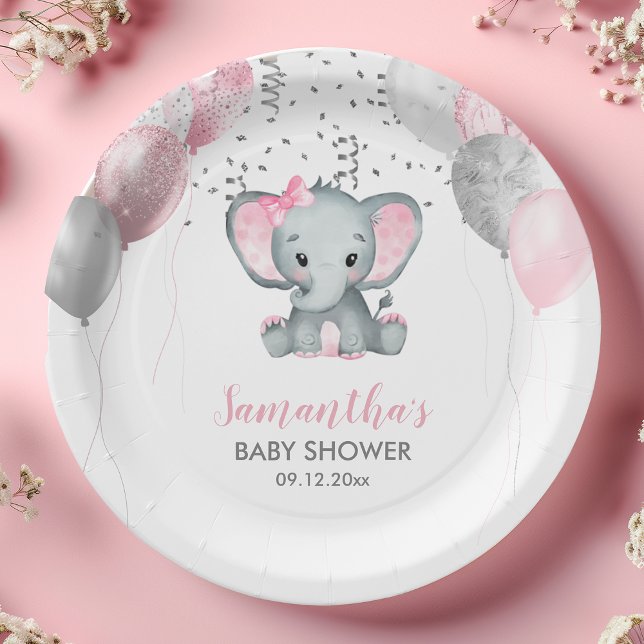 Cute Girl Elephant Pink Balloons Baby Shower Paper Plate (Cute Girl Elephant Pink Balloons Baby Shower Paper Plates)