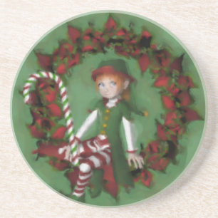 Cute Girl Elf Poinsettia Wreath Holiday Coaster