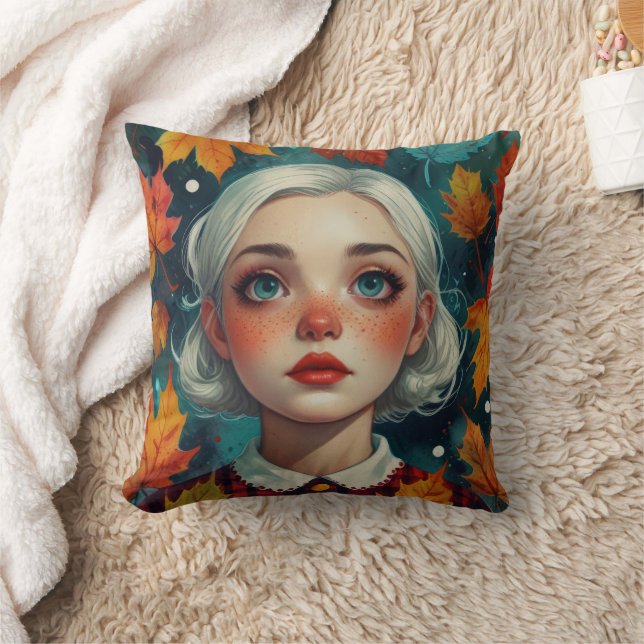 Cute Girl Fall Leaves Autumn Colors Cushion (Blanket)
