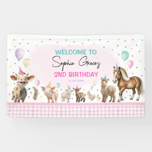 Cute Girl Farm Animals Balloons Birthday Party Banner