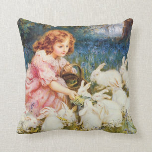 Cute Girl Feeding the Rabbits Cushion