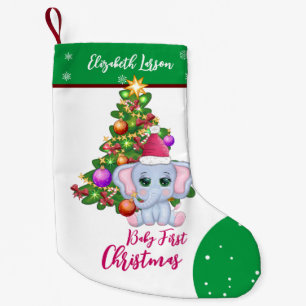 Cute Girl FIRST CHRISTMAS Green Elephant BABY'S Small Christmas Stocking