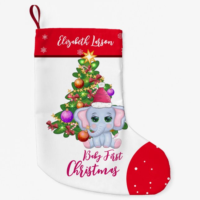 Cute Girl FIRST CHRISTMAS Red Elephant BABY'S Small Christmas Stocking (Front)