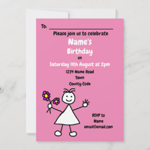 Cute Girl Flowers Pink Birthday Party Invitation