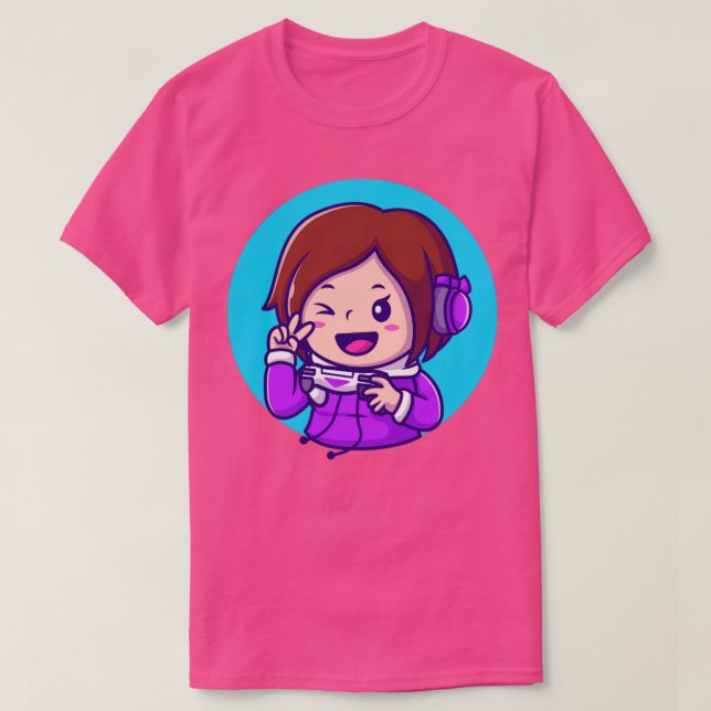 Cute Girl Gaming Holding Joystick With Hand Peace T-Shirt (Design Front)