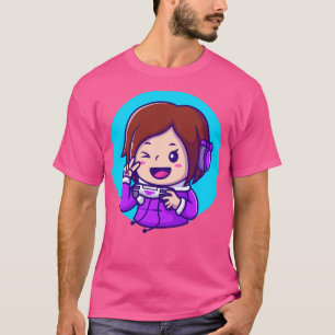 Cute Girl Gaming Holding Joystick With Hand Peace T-Shirt