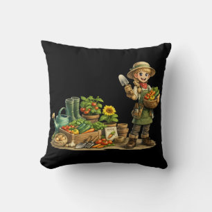 Cute Girl Gardener Harvesting Vegetables Art Cushion