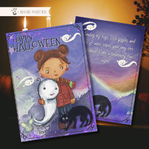 Cute Girl, Ghost, & Black Cat Kids Spooktacular Holiday Card