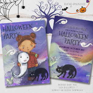 Cute Girl, Ghost, & Black Cat   Kids Spooktacular  Invitation