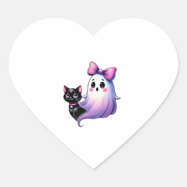 Cute Girl Ghostie Black Cat Pink Bow Ghost Hallowe Heart Sticker (Front)