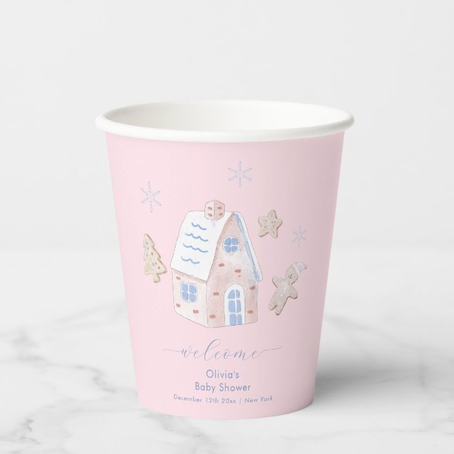 Cute Girl Gingerbread Village Baby Shower Welcome Paper Cups (Front)