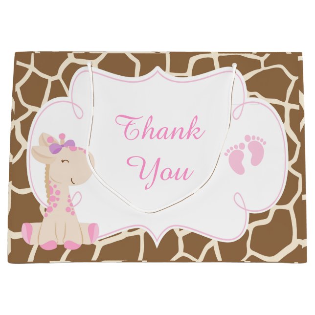 Cute Girl Giraffe Baby Shower Thank You Large Gift Bag (Front)