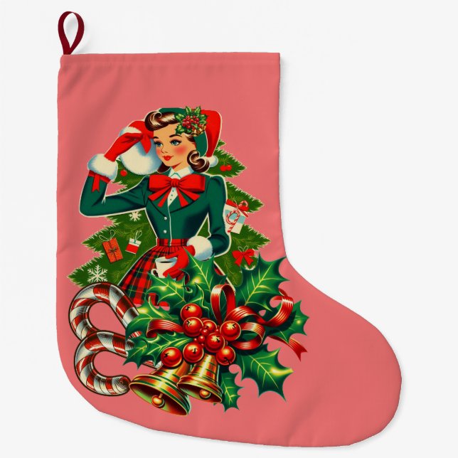 cute girl green dress holly candy canes Xmas art Large Christmas Stocking (Front)