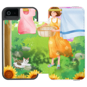 Cute Girl Hanging Laundry in Sunflower Garden Incipio Watson™ iPhone 5 Wallet Case