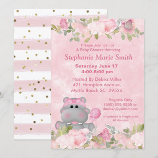 Cute Girl Hippo Pink Floral Baby Shower   Invitation