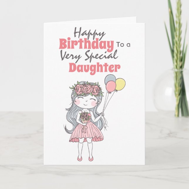 Cute girl holding balloons special birthday wishes card (Front)