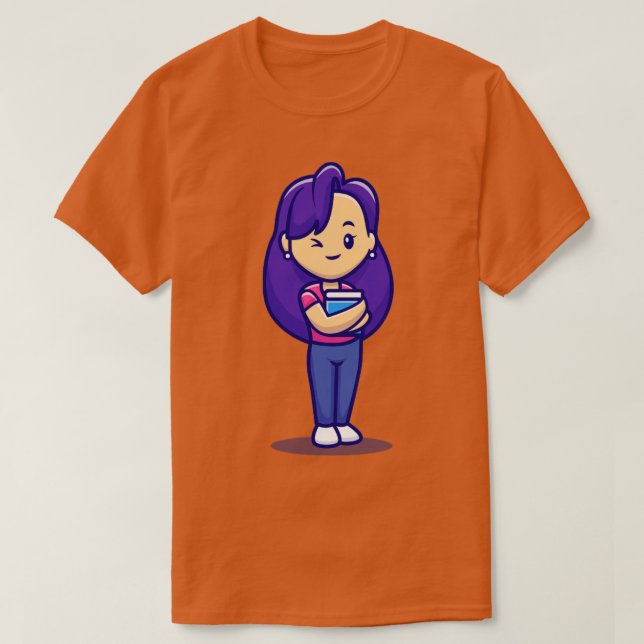 Cute Girl Holding Book Cartoon T-Shirt (Design Front)