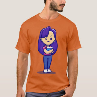Cute Girl Holding Book Cartoon T-Shirt