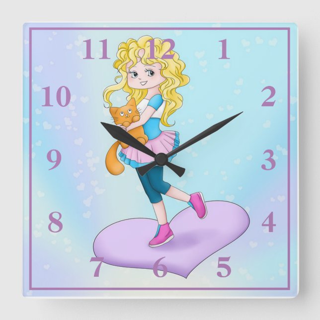 Cute Girl Holding Cat Square Wall Clock (Front)