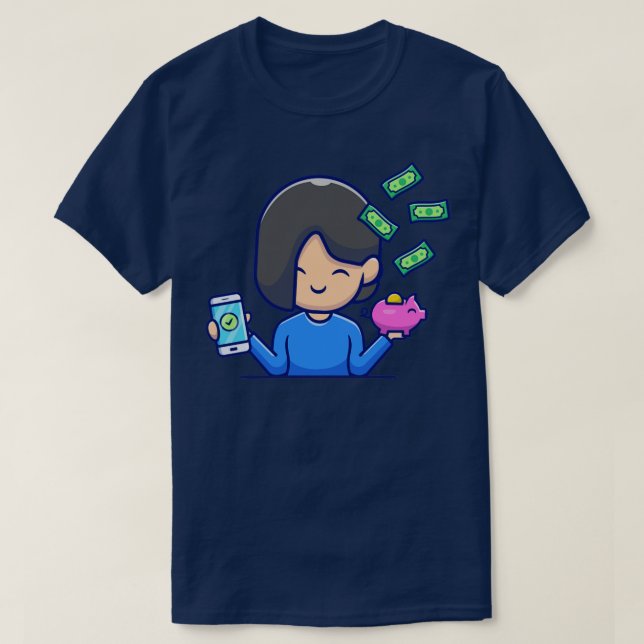 Cute Girl Holding Phone And Piggy Bank With Money T-Shirt (Design Front)