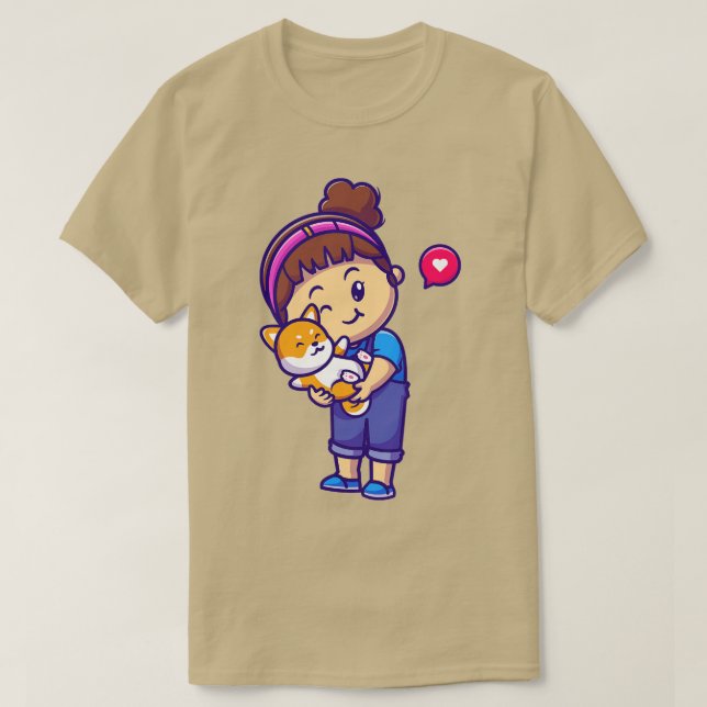 Cute Girl Hug Shiba Inu Dog Cartoon 1 T-Shirt (Design Front)