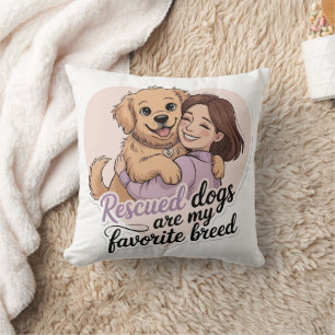 Cute Girl Hugging Rescue Dog Kawaii Illustration Cushion