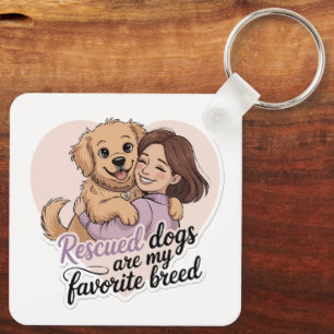 Cute Girl Hugging Rescue Dog Kawaii Illustration Key Ring