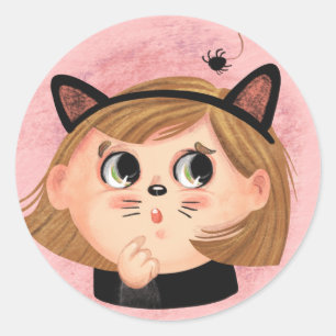 Cute girl in a black kitty Halloween costume Classic Round Sticker