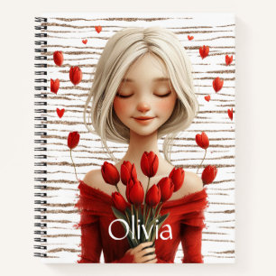 Cute girl in a red dress with tulips notebook