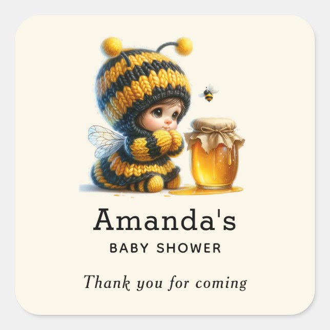 Cute Girl in Bee Costume Baby Shower Thank You Square Sticker (Front)