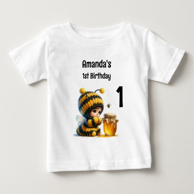 Cute Girl in Bee Costume with Honey 1st Birthday Baby T-Shirt (Front)