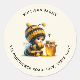 Cute Girl in Bee Costume with Honey Address Classic Round Sticker